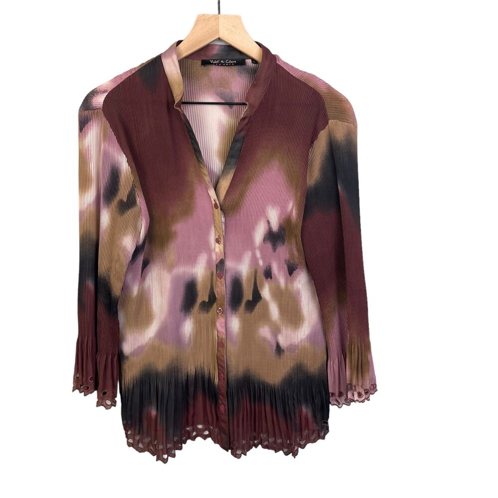 Violet & Claire Women Large Purple Multicolor Blanche Pleated‎ Button Up Blouse